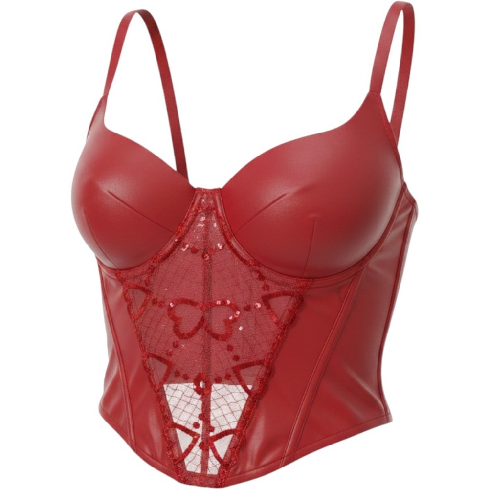 Savage X Fenty Glossy Flossy Bustier Red Faux Leather Lace Sequin Corset Top S
